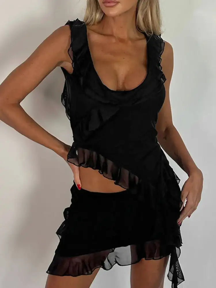 Ruffled Scoop Neck Tank and Skirt Set