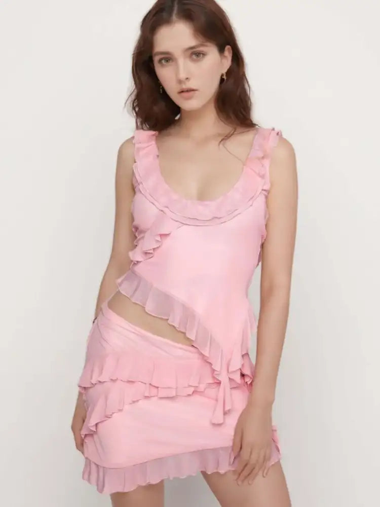 Ruffled Scoop Neck Tank and Skirt Set