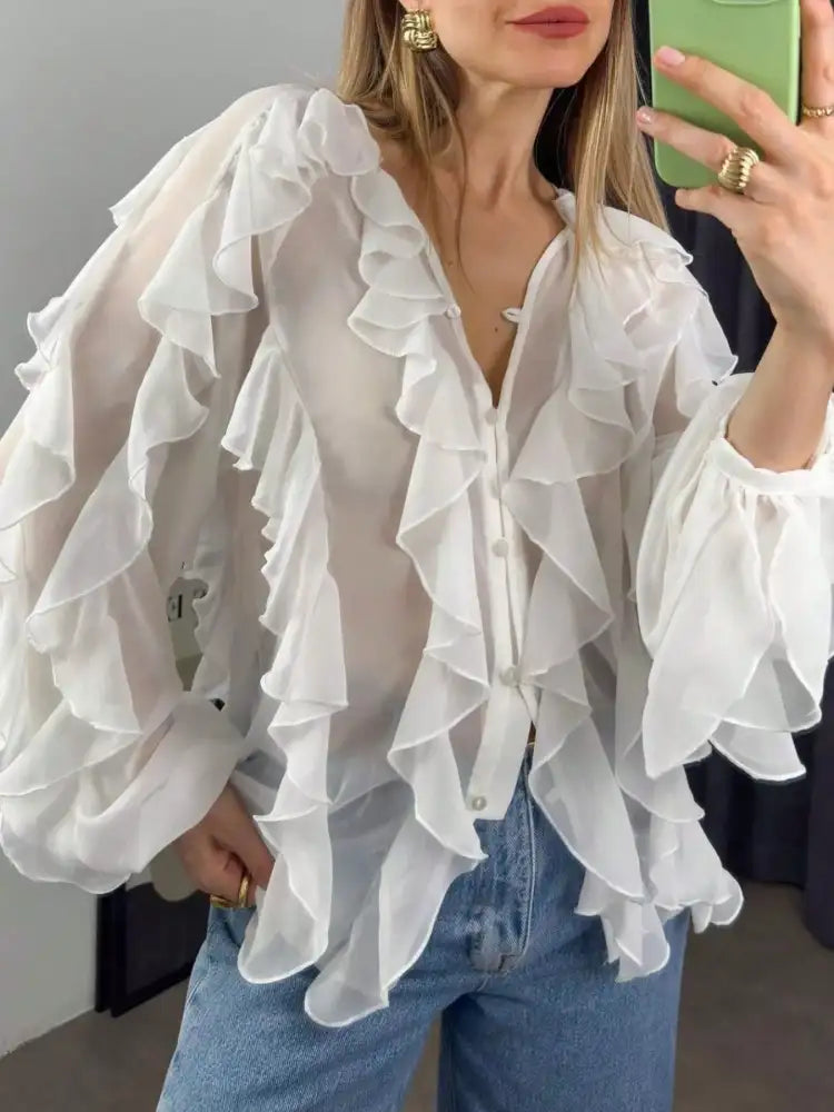 Ruffled Sheer Long Sleeve Blouse
