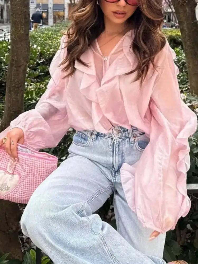 Ruffled Sheer Long Sleeve Blouse