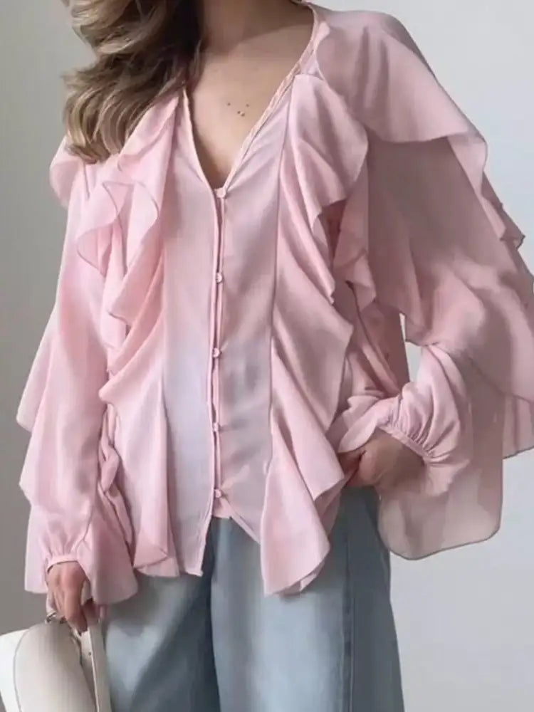 Ruffled Sheer Long Sleeve Blouse