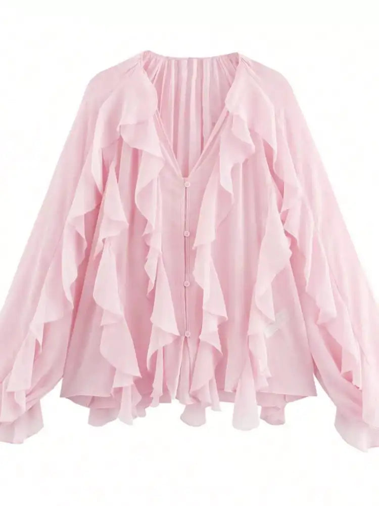 Ruffled Sheer Long Sleeve Blouse