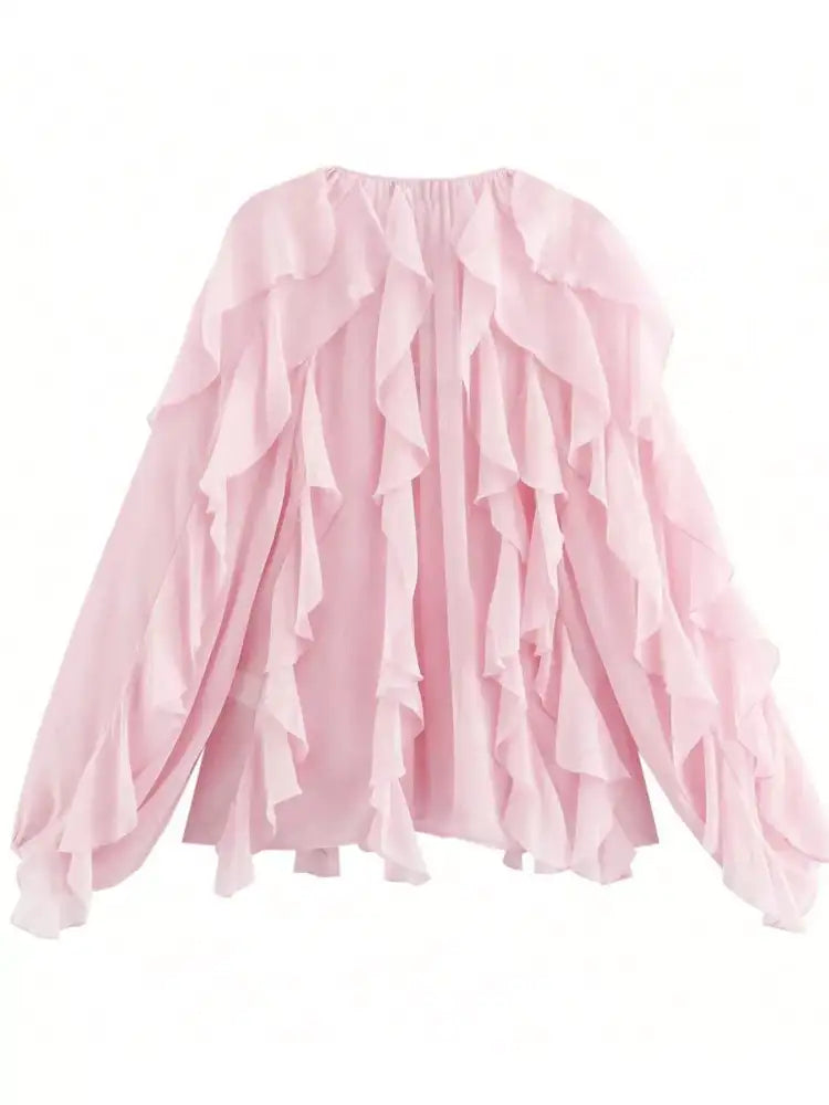 Ruffled Sheer Long Sleeve Blouse