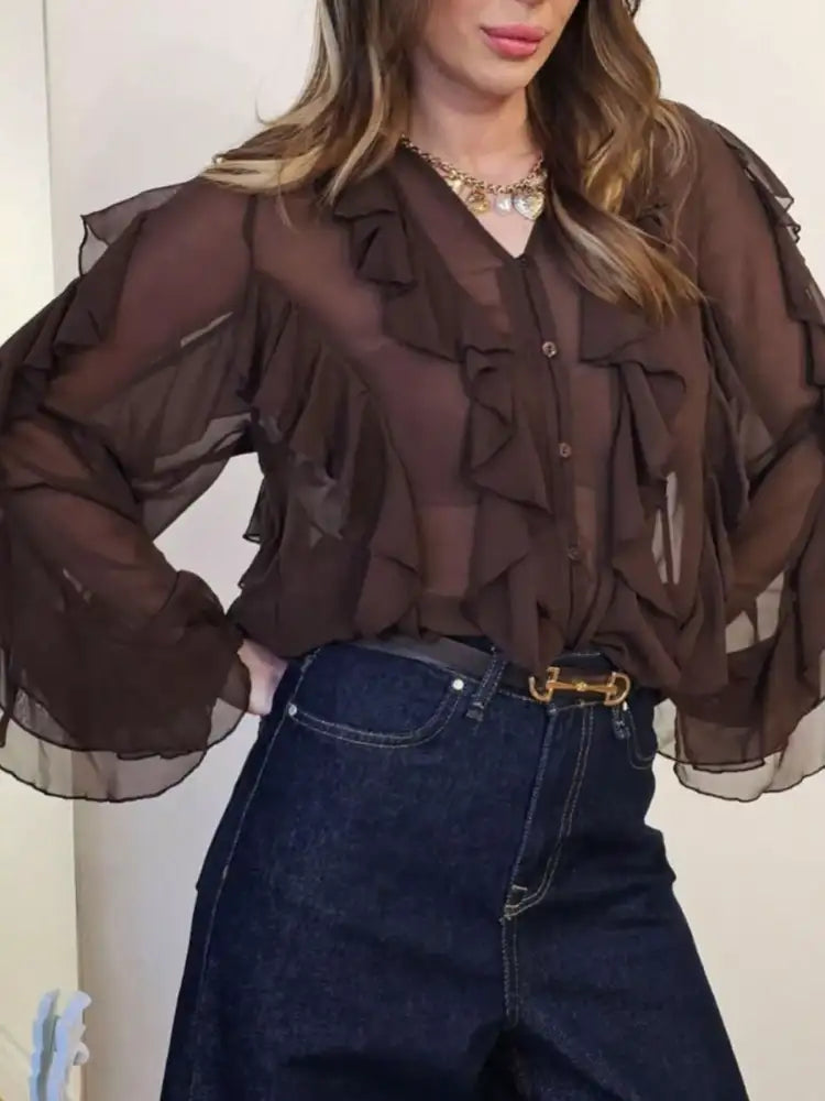 Ruffled Sheer Long Sleeve Blouse