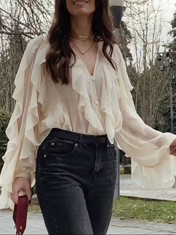 Ruffled Sheer Long Sleeve Blouse