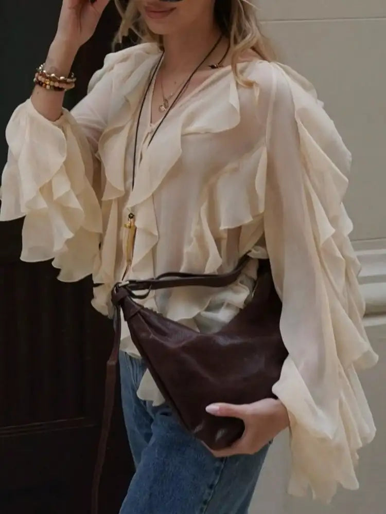 Ruffled Sheer Long Sleeve Blouse