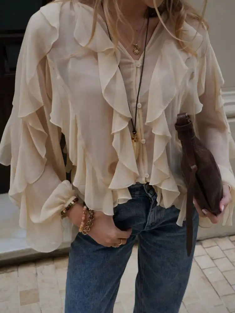Ruffled Sheer Long Sleeve Blouse
