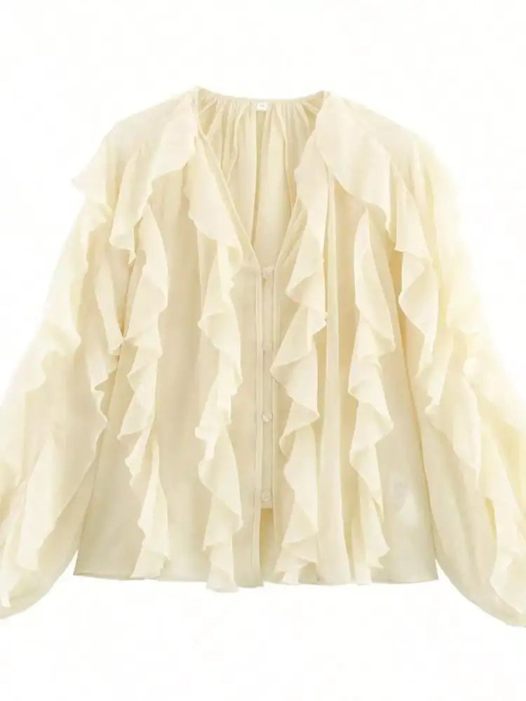 Ruffled Sheer Long Sleeve Blouse