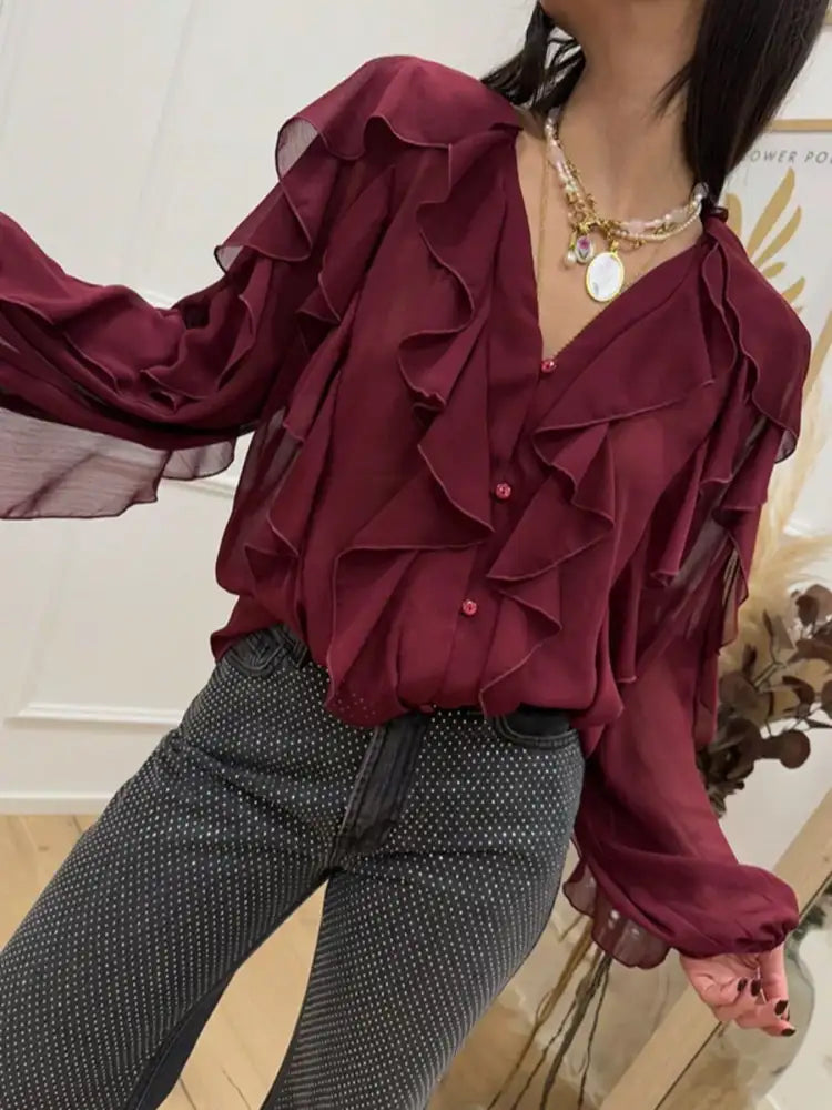 Ruffled Sheer Long Sleeve Blouse