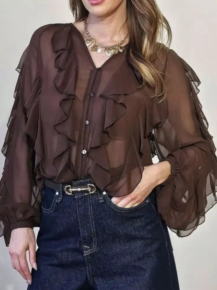 Ruffled Sheer Long Sleeve Blouse