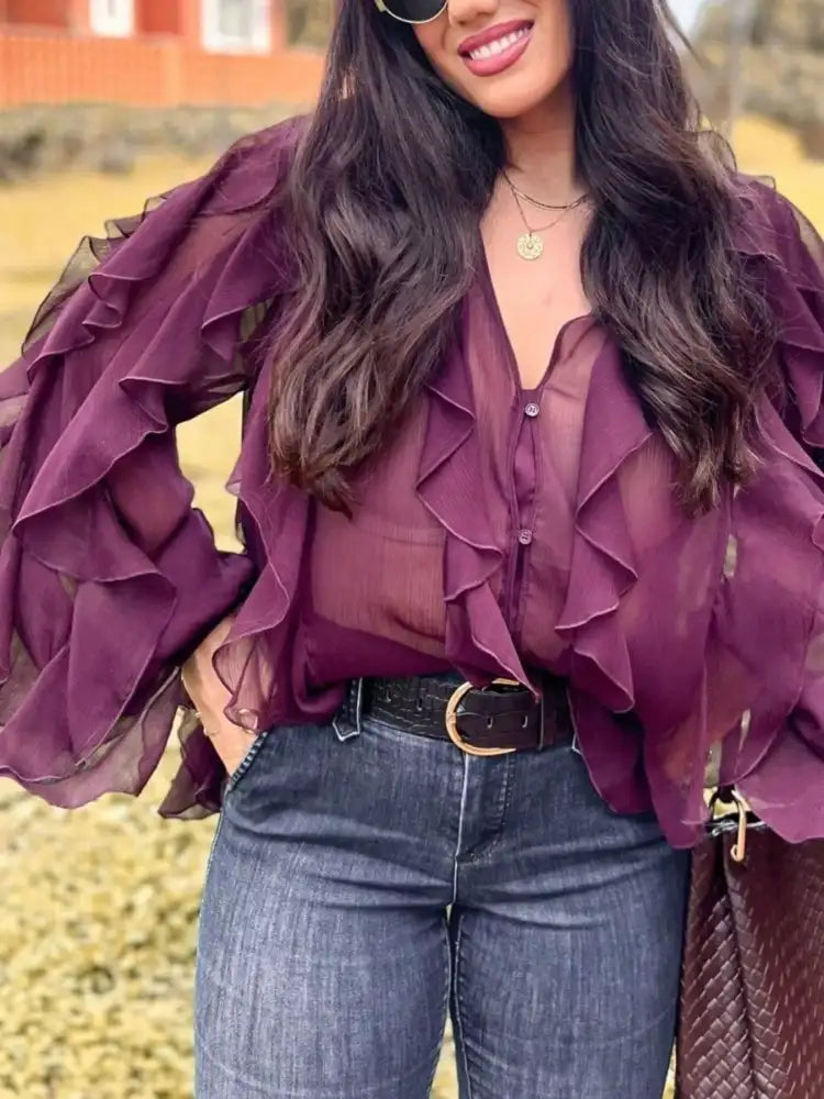 Ruffled Sheer Long Sleeve Blouse