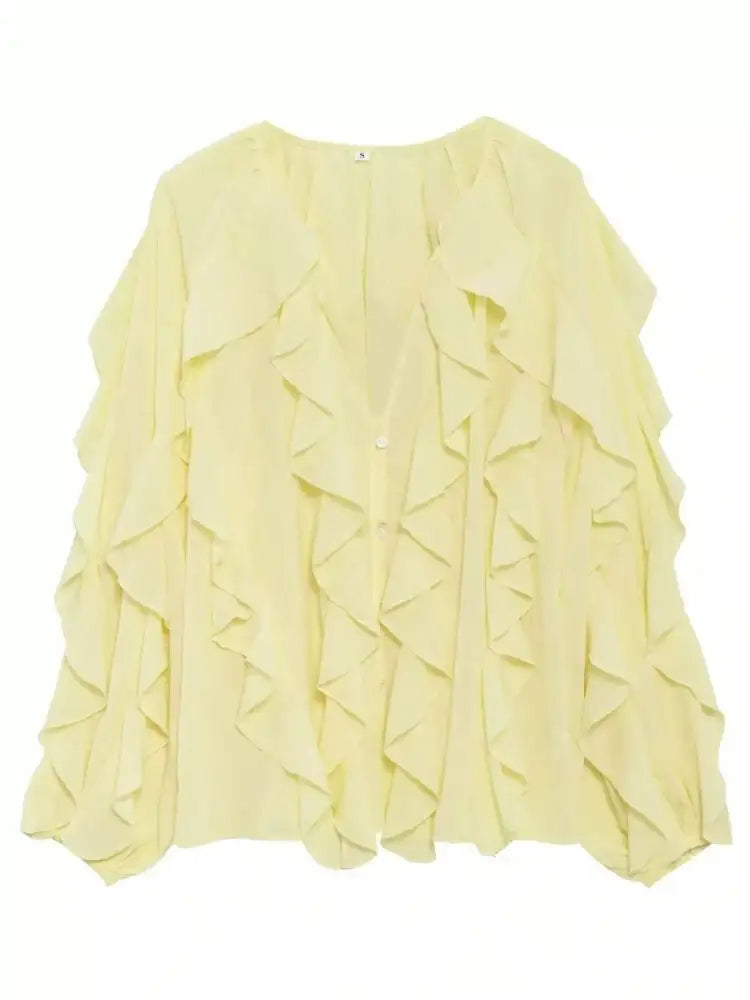 Ruffled Sheer Long Sleeve Blouse