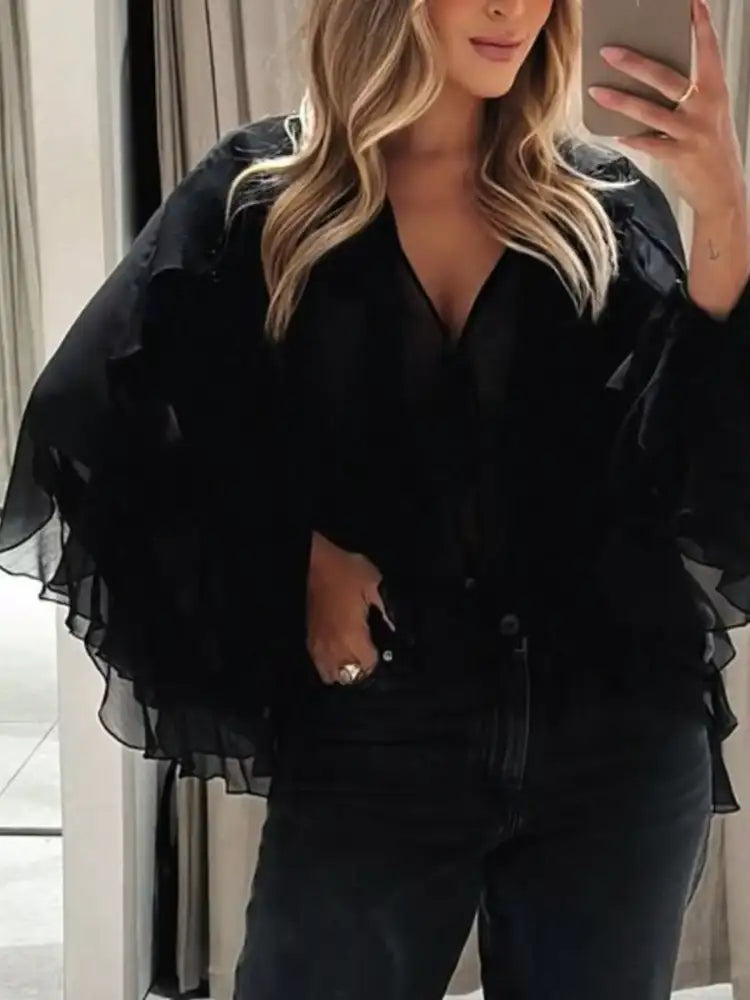 Ruffled Sheer Long Sleeve Blouse