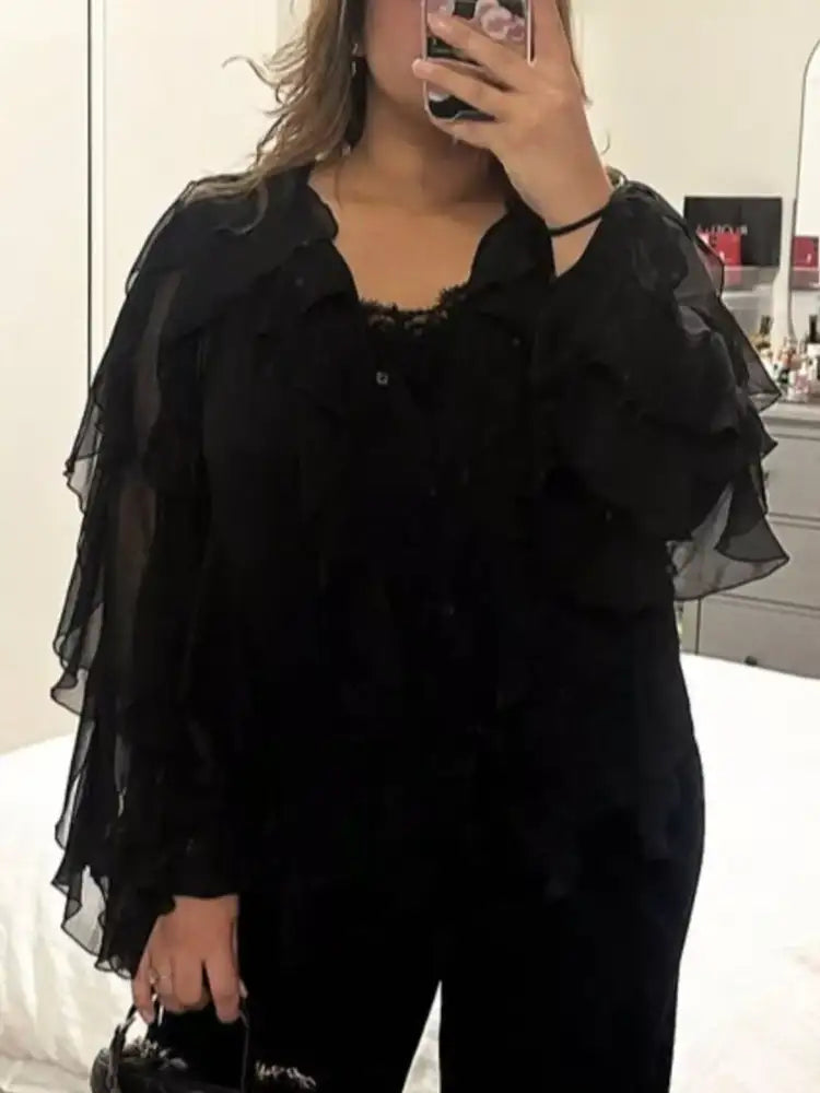 Ruffled Sheer Long Sleeve Blouse