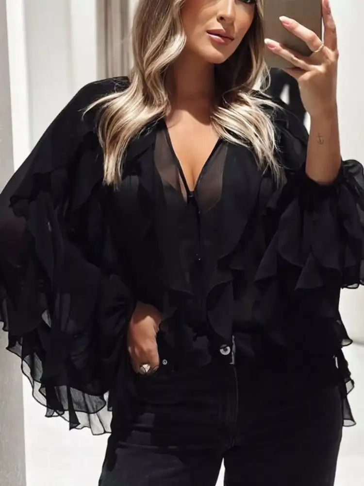 Ruffled Sheer Long Sleeve Blouse