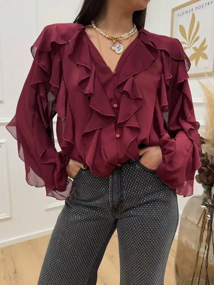 Ruffled Sheer Long Sleeve Blouse