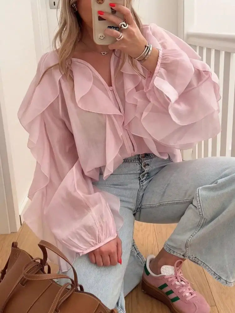 Ruffled Sheer Long Sleeve Blouse