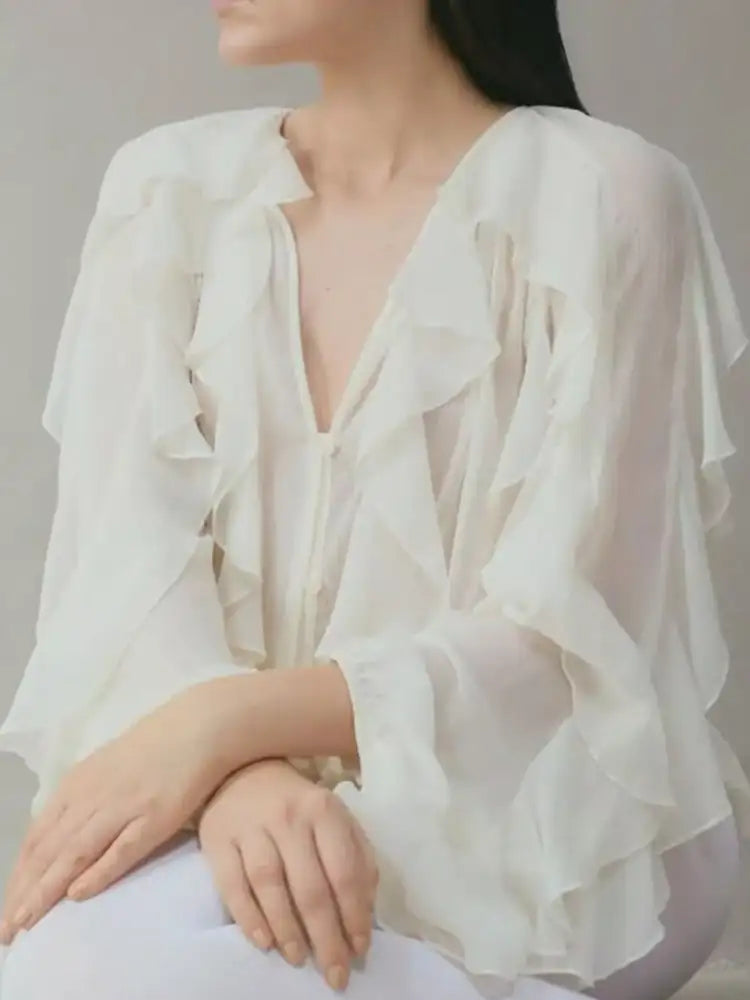 Ruffled Sheer Long Sleeve Blouse