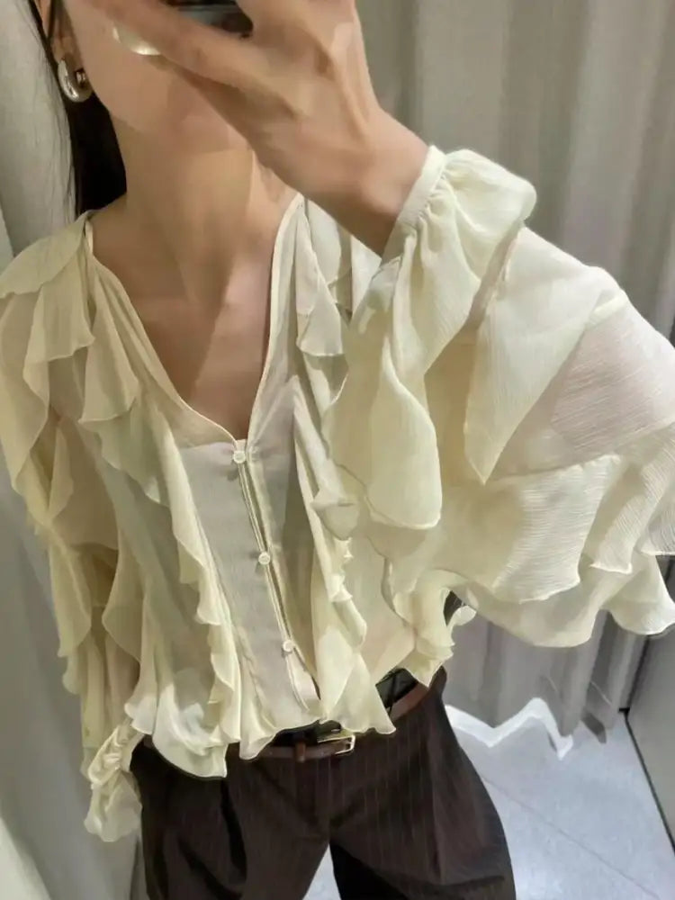 Ruffled Sheer Long Sleeve Blouse