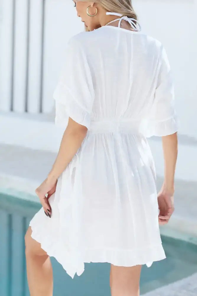 Ruffled Smocked Waist V-Neck Cover-Up