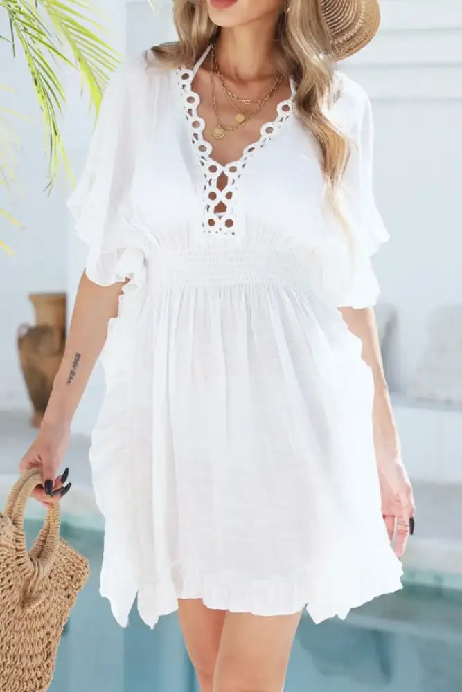 Ruffled Smocked Waist V-Neck Cover-Up
