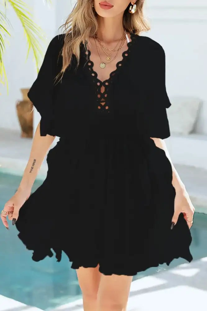 Ruffled Smocked Waist V-Neck Cover-Up