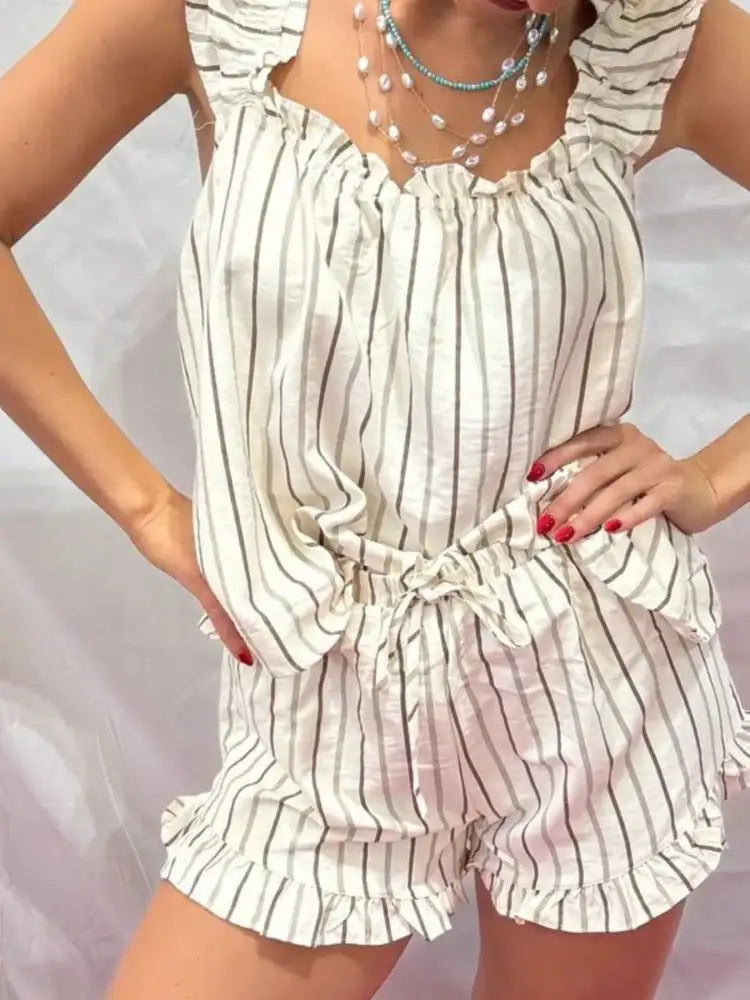 Ruffled Striped Tank and Shorts Set