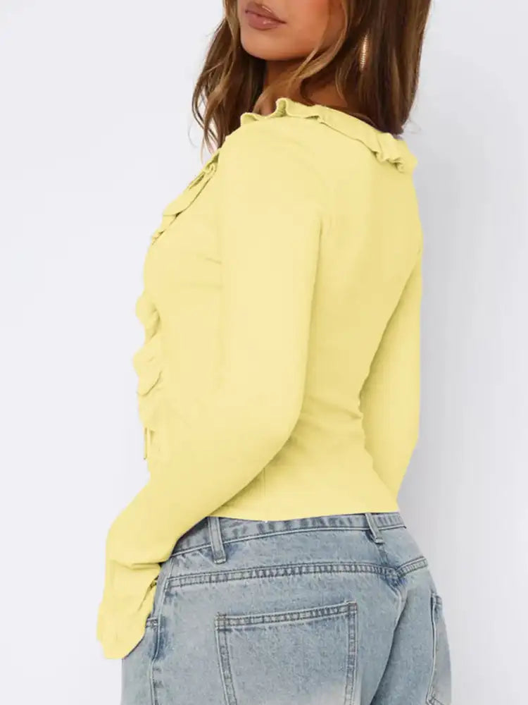 Ruffled Tie Front Flare Sleeve Shirt