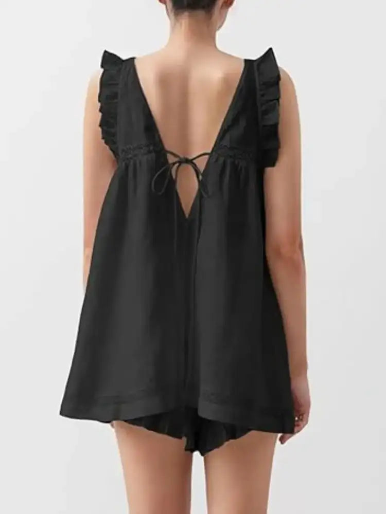 Ruffled V-Neck Top and Shorts Set