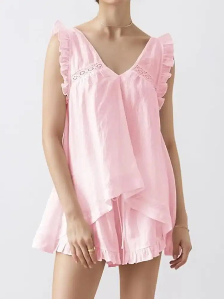Ruffled V-Neck Top and Shorts Set