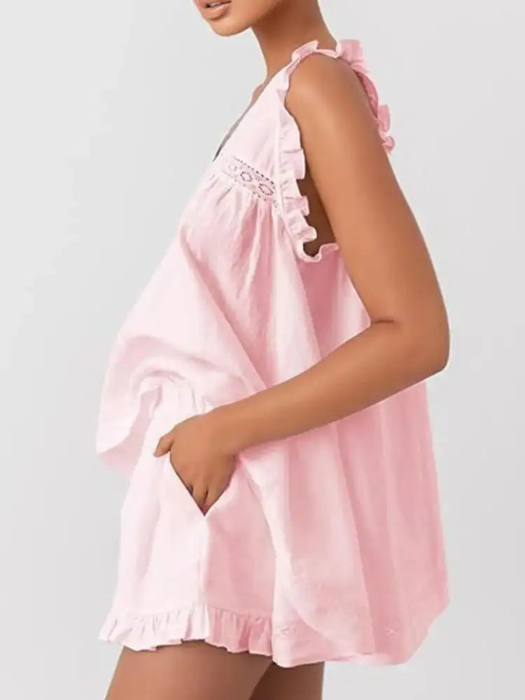 Ruffled V-Neck Top and Shorts Set