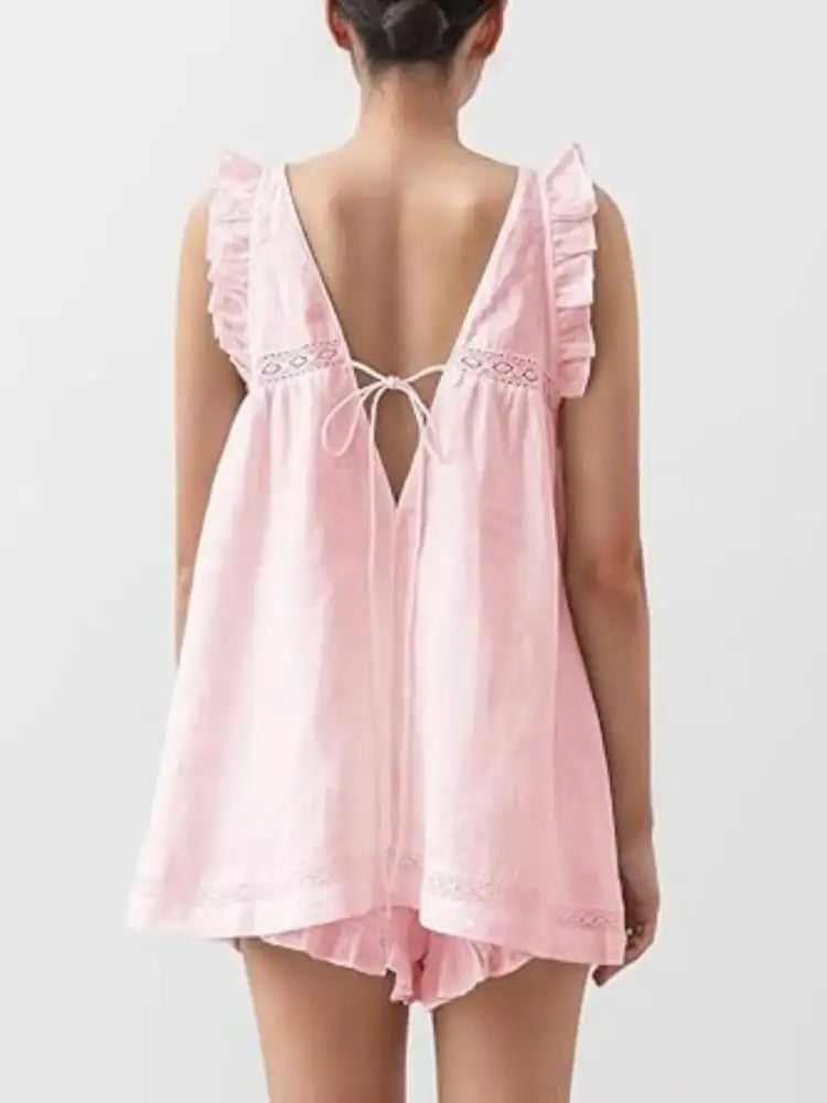 Ruffled V-Neck Top and Shorts Set