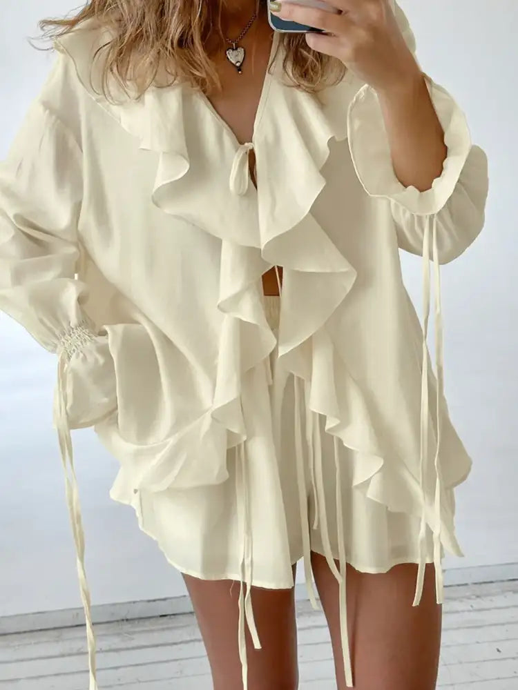 Ruffled V-Neck Top and Shorts Set