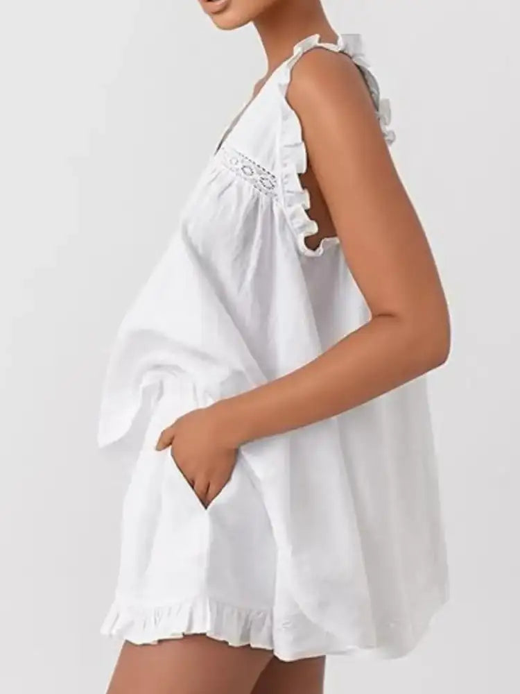 Ruffled V-Neck Top and Shorts Set
