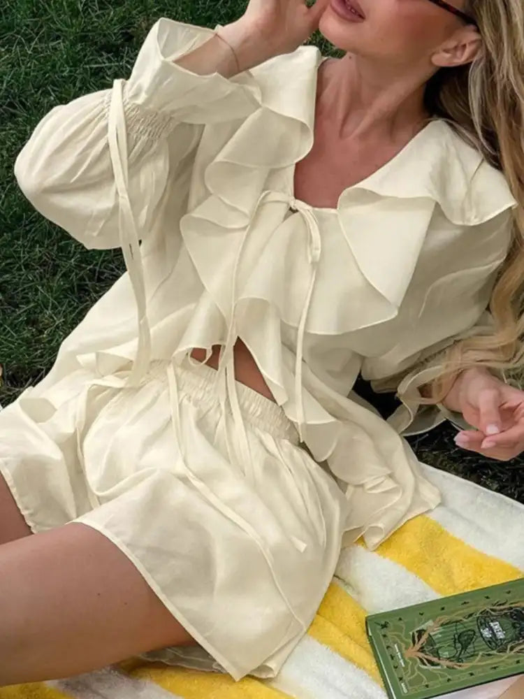 Ruffled V-Neck Top and Shorts Set