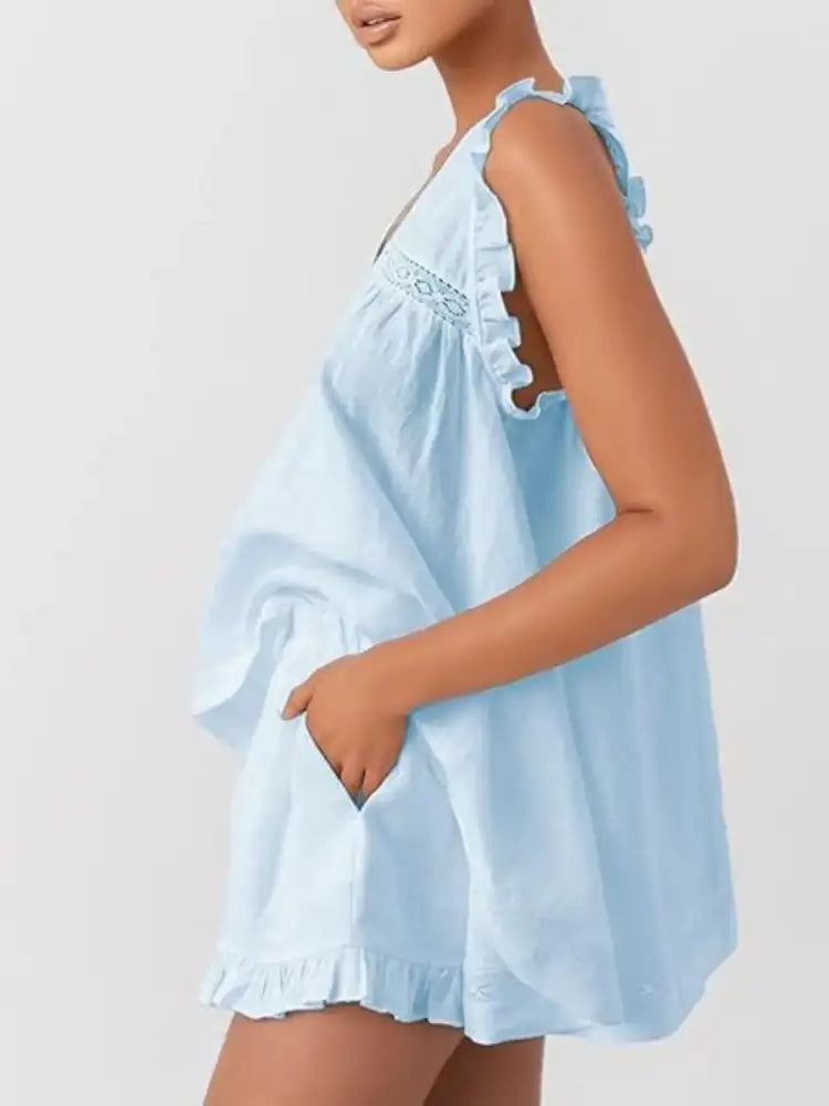 Ruffled V-Neck Top and Shorts Set