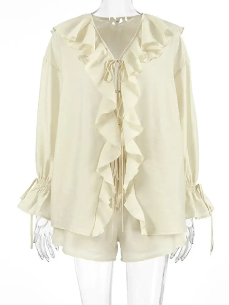 Ruffled V-Neck Top and Shorts Set