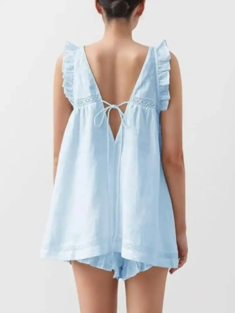 Ruffled V-Neck Top and Shorts Set