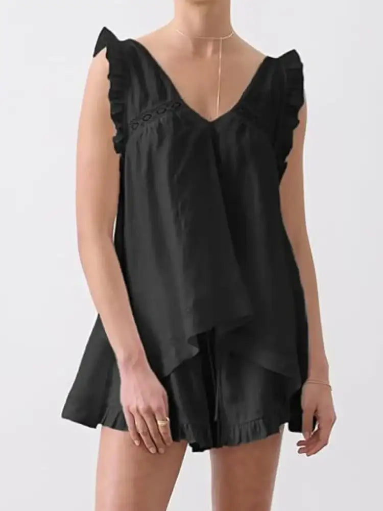 Ruffled V-Neck Top and Shorts Set