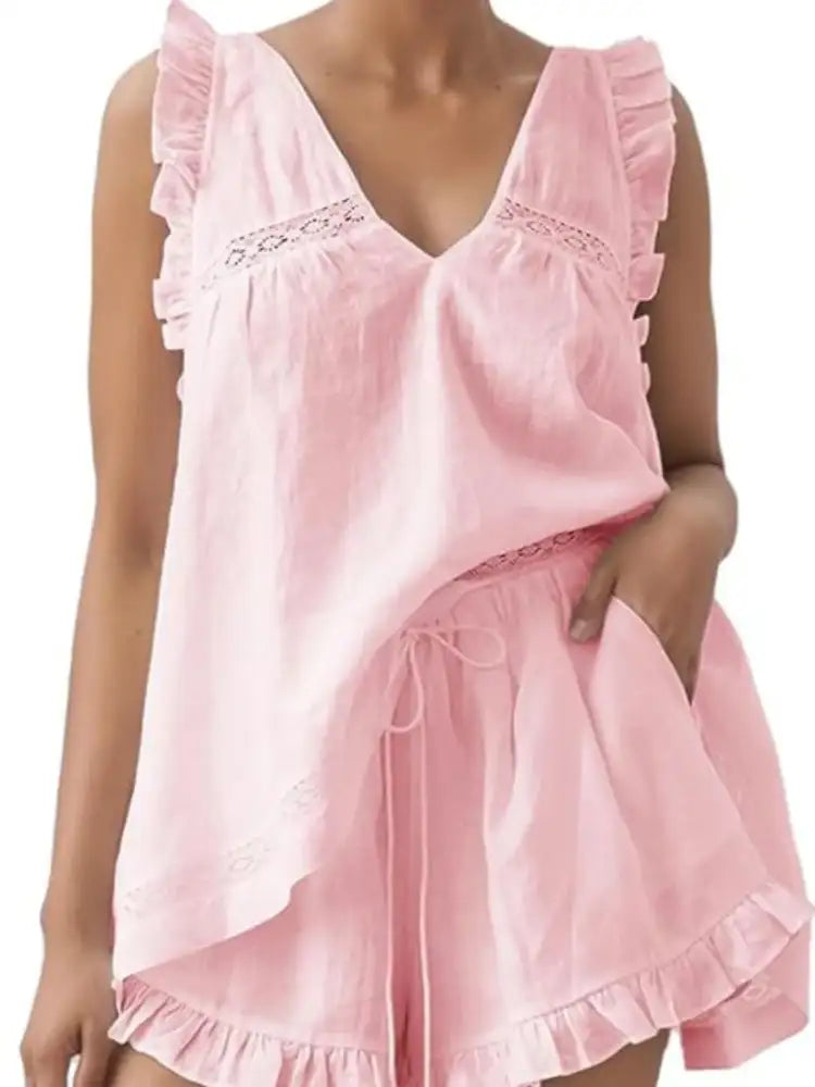 Ruffled V-Neck Top and Shorts Set