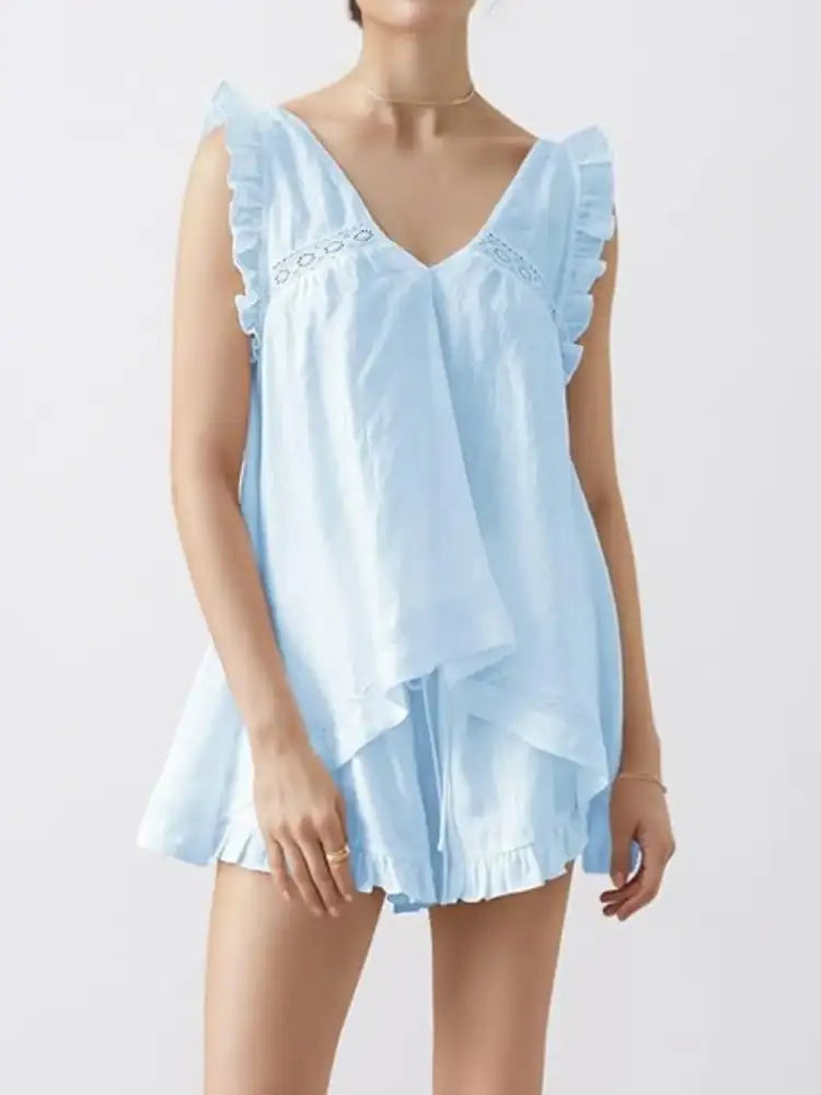 Ruffled V-Neck Top and Shorts Set