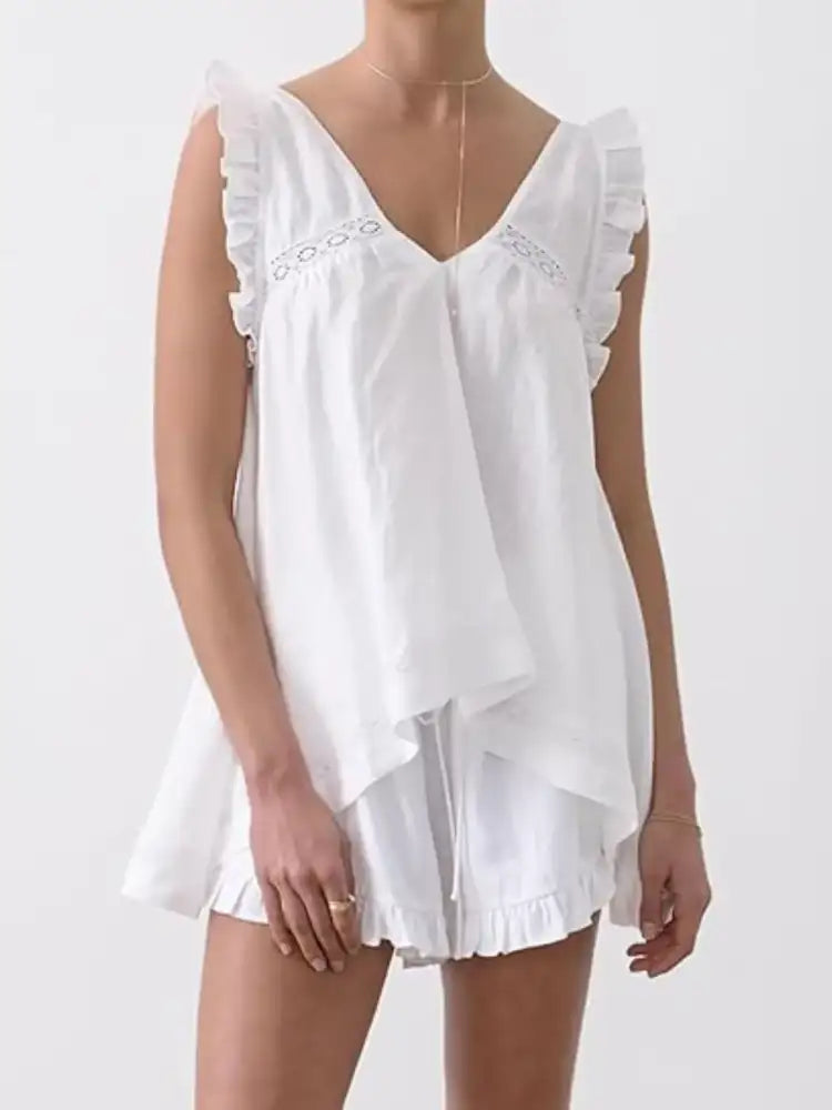 Ruffled V-Neck Top and Shorts Set