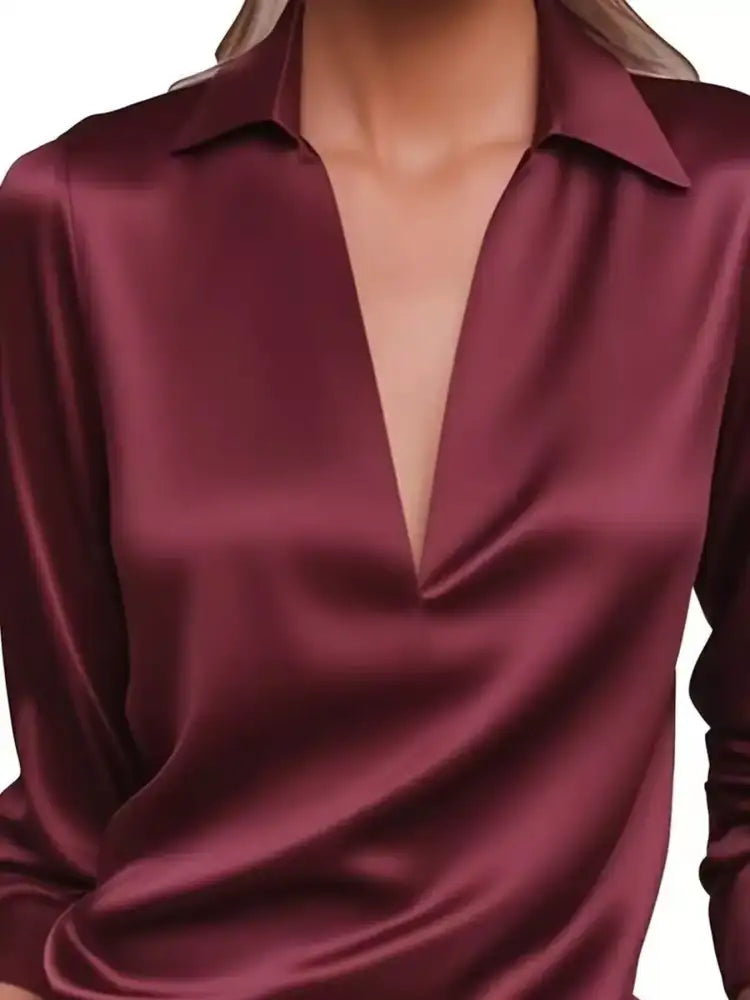 Satin Johnny Collar Long Sleeve Blouse