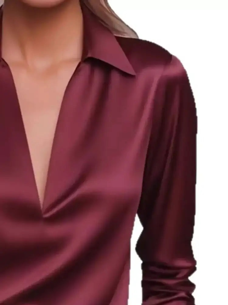 Satin Johnny Collar Long Sleeve Blouse