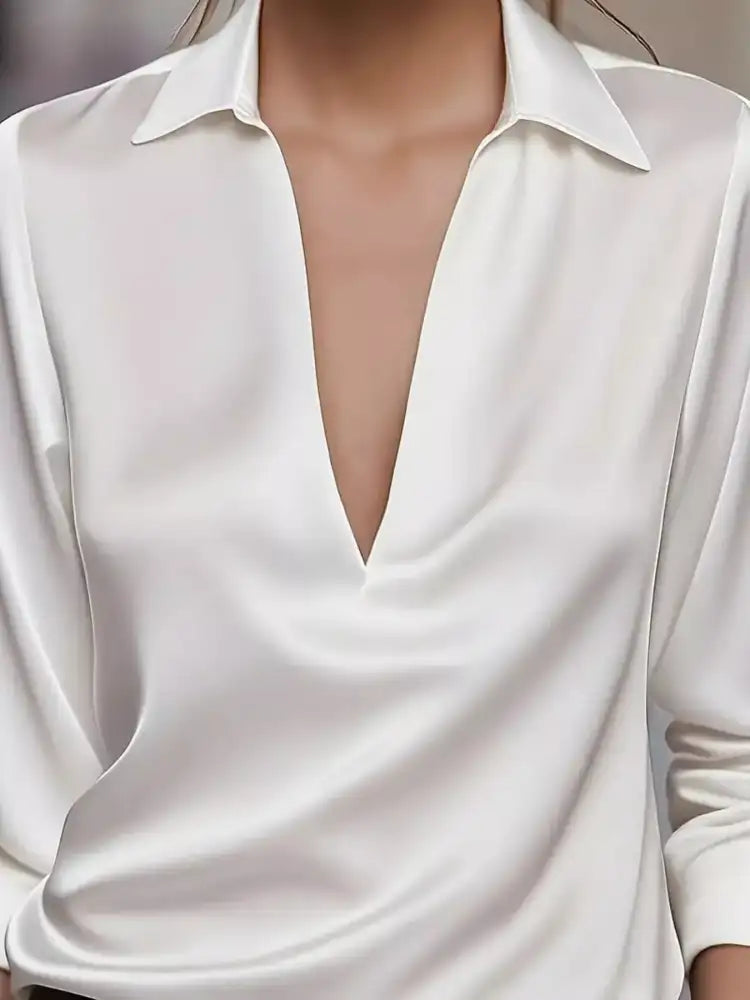 Satin Johnny Collar Long Sleeve Blouse