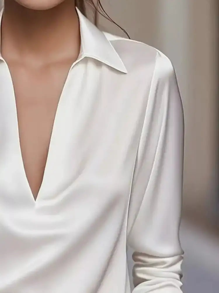 Satin Johnny Collar Long Sleeve Blouse