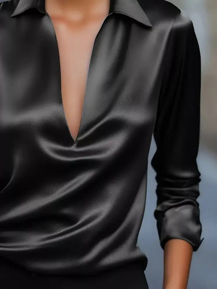 Satin Johnny Collar Long Sleeve Blouse