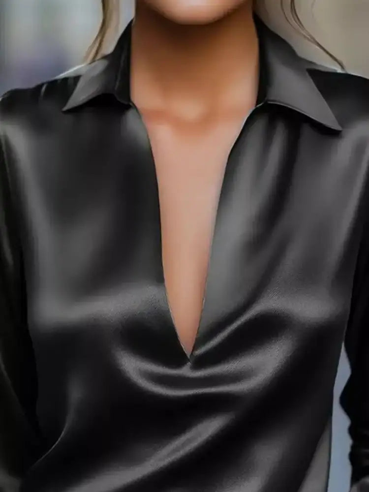Satin Johnny Collar Long Sleeve Blouse