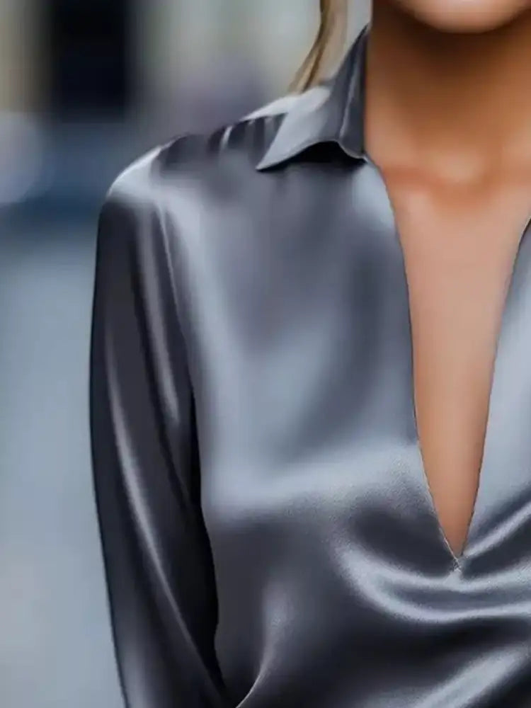 Satin Johnny Collar Long Sleeve Blouse