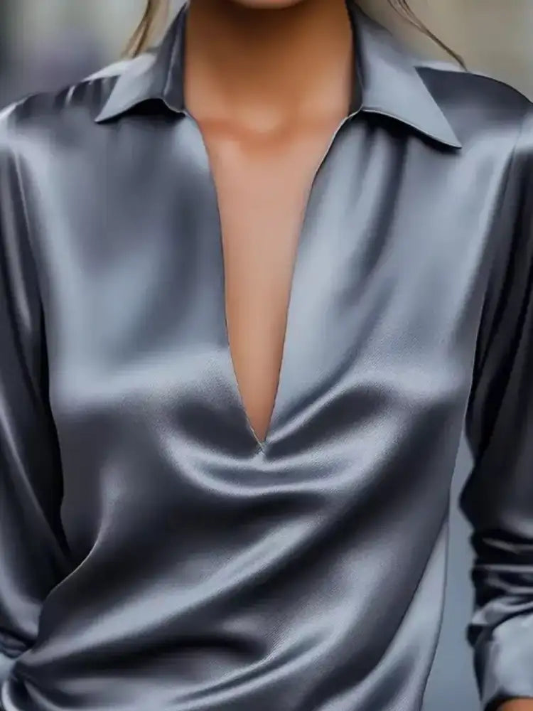 Satin Johnny Collar Long Sleeve Blouse